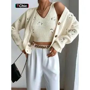 Women’s floral embroidery V-neck cropped tank top paired with a button-front cardigan sweater; casual drop-shoulder long-sleeve cardigan and sleeveless V-neck knit top for fall and winter; women’s knitwear for everyday wear and as a Valentine’s Day gift.