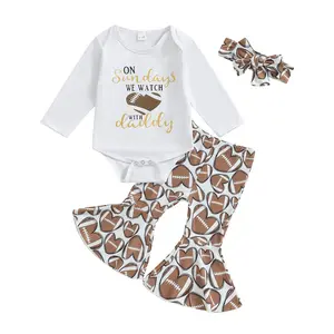 Newborn Baby Girl Football Outfit On Sundays We Watch Football with Daddy Romper and Flare Pants with Headband Set