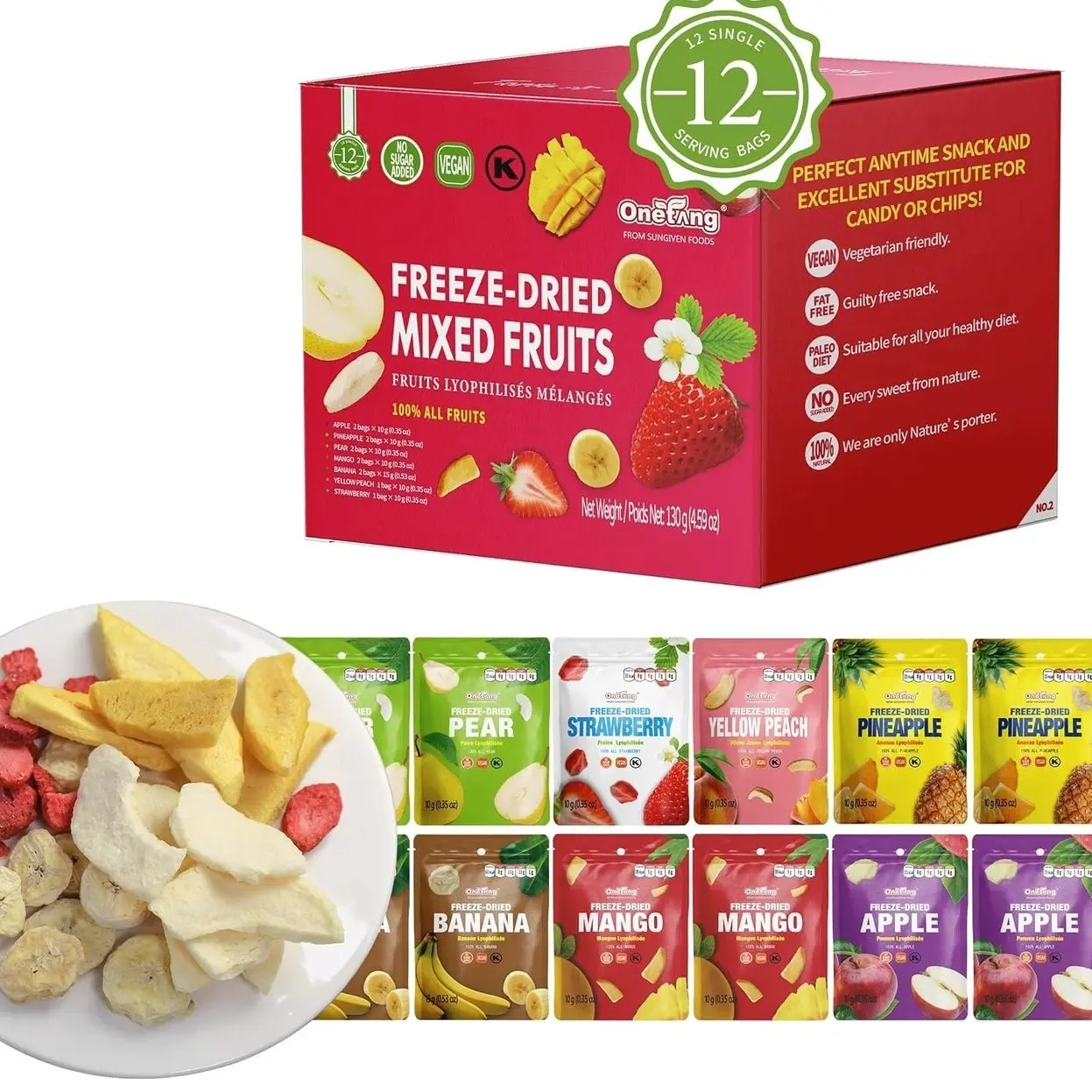 ONETANG Freeze-Dried Mixed Fruit, 12 Pack Single-Serve Pack, Non GMO, Kosher, No Add Sugar, Gluten free, Vegan, Holiday Gifts, Healthy Snack 0.35 Oz