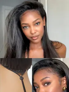 [26inch-$73] Half Wig Yaki Straight Flexi-Fit Invisi 3 in 1 Wigs Flip Drawstring Wig 180% Density Glueless Wigs 100% Human Hair Natural Black Ready to Go Headband Wig for Women 26 Inches