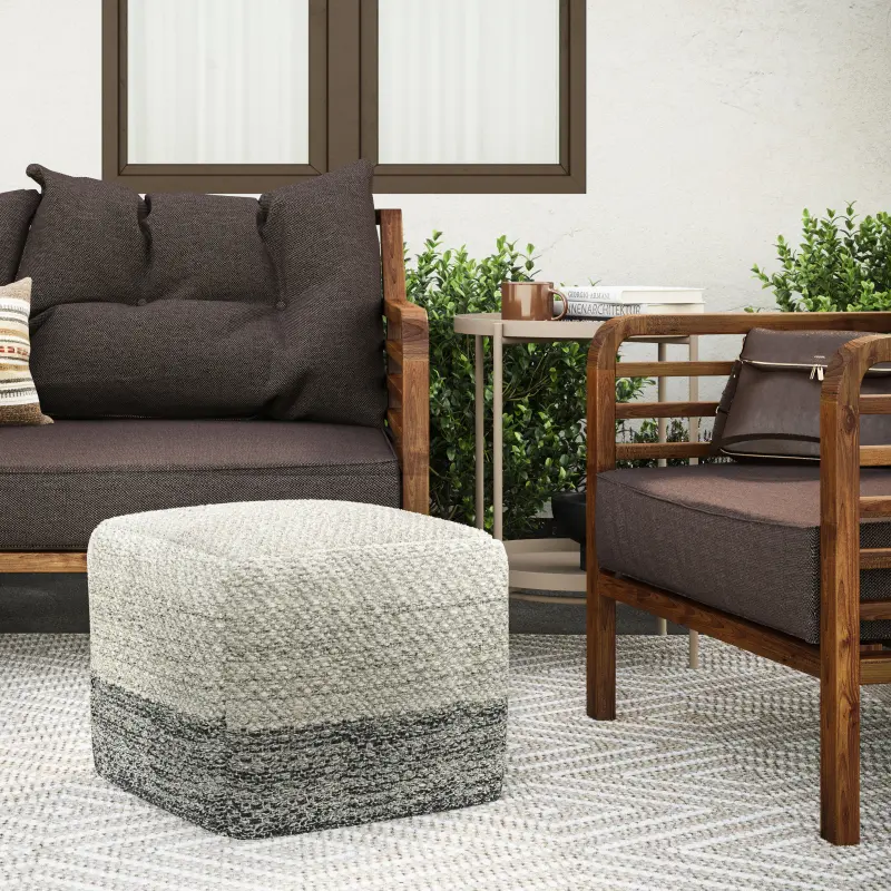 Square Woven Pre-Assembled Indoor Outdoor Pouf Stool - Grey White, Thick High-Quality Modern Minimalist, Moisture-Absorbent Breathable, Water Resistant UV Resistant, Comfortable for Prolonged Sitting, for Living Room Deck