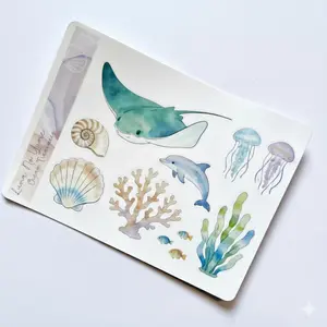 Ocean Sticker Sheet - Watercolor Sea Animal Stickers, Whale Jellyfish Dolphin Sticker, Journal Planner Scrapbook Decor