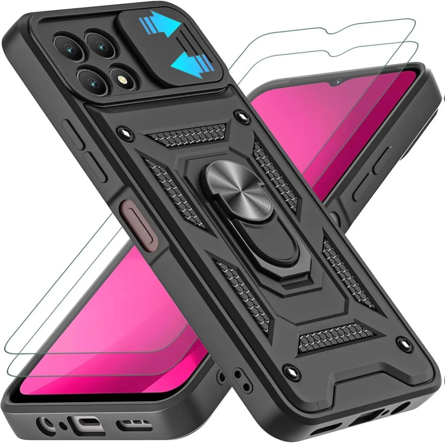 Revvl 7 5G Case, with Slide Camera Cover and 2pcs HD Screen Protector, 360° Rotation Ring Kickstand [Military Grade] Protective Case for Revvl 7 5G (Black) Metal Cellphone