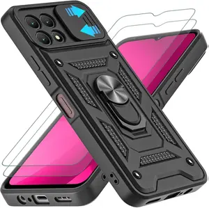 Revvl 7 5G Case, with Slide Camera Cover and 2pcs HD Screen Protector, 360° Rotation Ring Kickstand [Military Grade] Protective Case for Revvl 7 5G (Black) Metal Cellphone