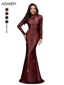 ASANDY Burgundy Beaded Mock Neck Mermaid Gown Long Sleeve Mesh Embellished Evening Dress for Wedding Guest Gala Formal Event