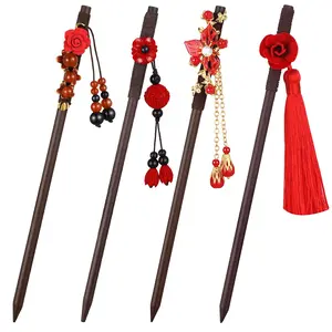 Chinese Hair Accessories 4 Pcs - Retro Geisha Wooden Hairpins with Red Flower Tassel, Long Hair Chopsticks Handmade for Women