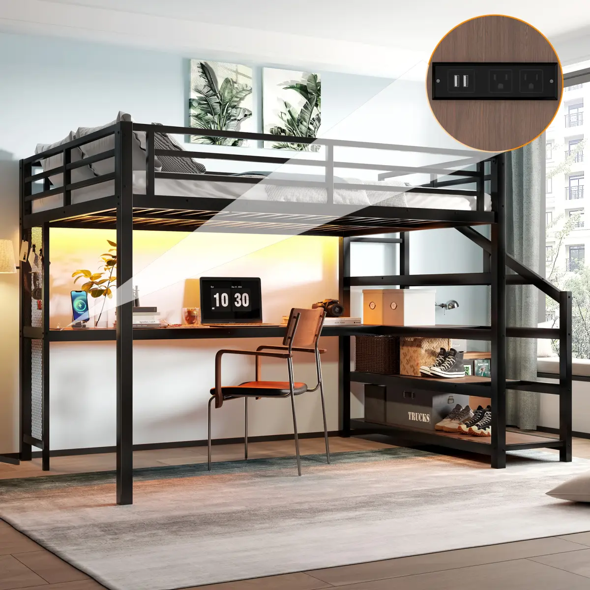 Queen Size Bedroom Bedframe - Metal Indoor Furniture with Built-in Desk, Storage Stairs, LED Lights, USB Ports, Noise-Free Black Space-Saving Design, 6in, 147.27lbs, 98.5in L x 60.5in W x 65in H, Assembly Required