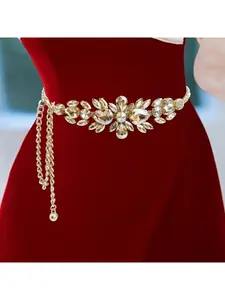 New Women's Rhinestone-Encrusted Chain Waist Belt with High-End Gold Waist Chain, Fashionable Dress and Evening Gown Accessories Rhinestone Decorated Belt