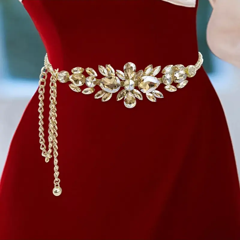 New Women's Rhinestone-Encrusted Chain Waist Belt with High-End Gold Waist Chain, Fashionable Dress and Evening Gown Accessories Belt For Dress Rhinestone Decorated Belt Rhinestones Belt Fashion Belts