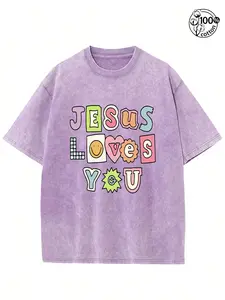 Vintage Jesus Loves You Y2K Patchwork Multicolor Bubble Letter Christian T-Shirt, Washed Lavender Purple Cotton Oversized Short Sleeve Tee, Cute Groovy Faith Casual Crewneck Shirt