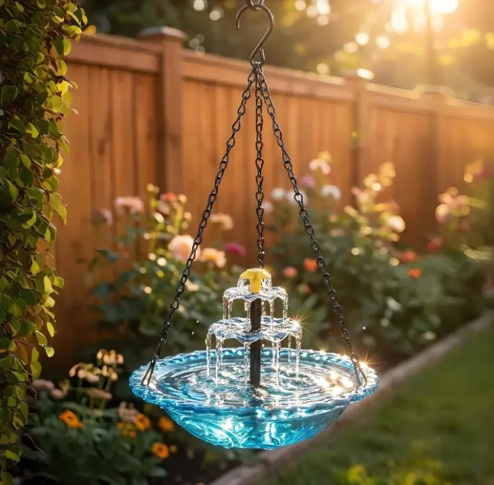 Hanging Solar Bird Bath Fountain, 3-Tier Cascading Water Fountain Pump, 9.25 Inch Wide Blue Embossed Bowl, Solar Powered Circulation Fountain for Outdoor Garden Backyard Patio Lawn, Decorative Hummingbird Water Feeder Ornament