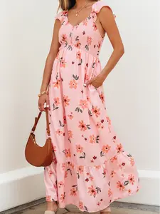 Women's Pink Floral V Neck Smocked High Waist Ruffle Hem Long Dress - Romantic Flutter Sleeve Ruffle Hem Gown - Elegant Flowy Summer Party Dress