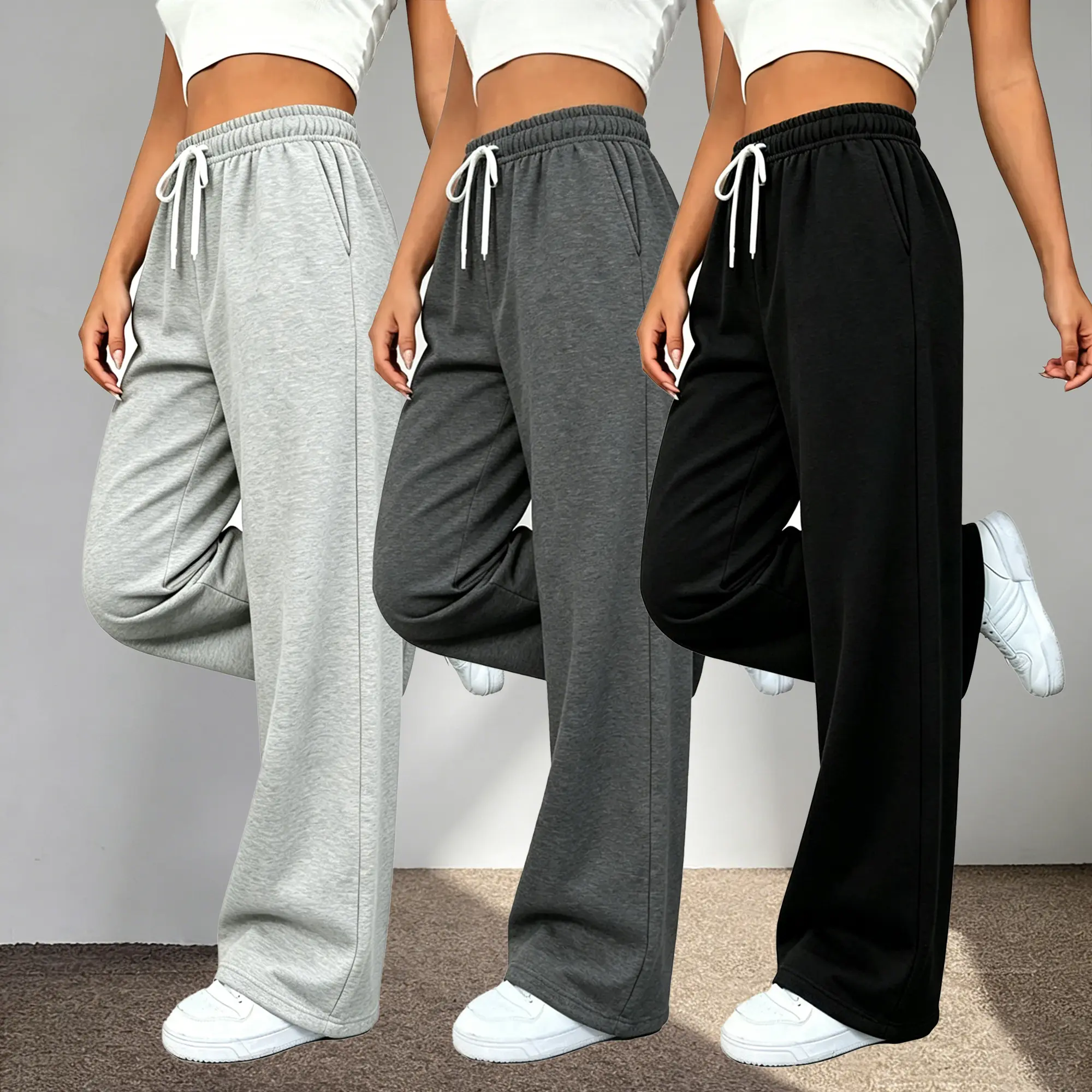 Spring/Summer basic women’s high-waisted drawstring wide-leg sweatpants — three solid colors, drapey straight-cut casual long pants for home, fitness, and workouts Womenswear Bottom Trouser Minimalist