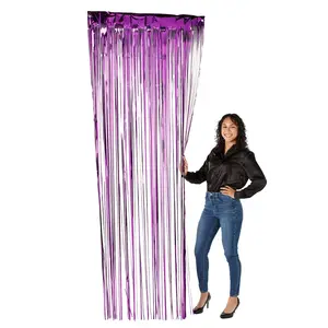3 ft. x 8 ft. Purple Ready-to-Hang Metallic Foil Fringe Curtain