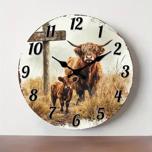 1pc Highland Cow Wall Clock, with Calf Design - Rustic, Silent, Black Hands, Suitable for Bedroom, Living Room, Dining Room, Hallway, Study, Wall Clock for Living Room