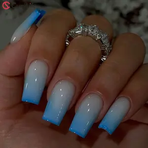 CurvLife Arctic Fade Blue Ombre Press-On Nails — Glossy Square Tips with ice-blue to milk-white gradient, natural fit and seamless cuticle line; non-toxic & reusable with strong hold; quick apply/remove for chic winter, daily and party looks