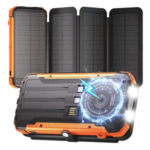 20000mAh Solar Power Bank with 4 Foldable Solar Panels, Built-in Wireless Charging, PD 15W Fast Charging, 3 Built-in Cables, 6 Charging Ports, Portable Solar Charger with Dual Flashlights and Carabiner, Compatible with All Mobile Devices