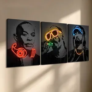 3 Pcs/Set Wooden-Framed Canvas Painting, Neon Hip-Hop Legends Triptych Canvas Wall Art, Iconic Rappers Silhouette Print for Living Room, Bedroom, Office Decoration, Modern Home Decor, Fashion Artistic Ornaments, Artwork