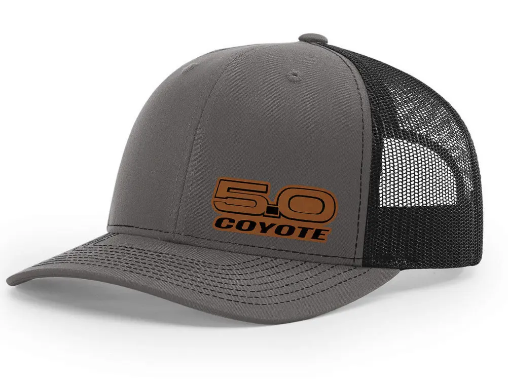 Ford Mustang 5.0 Coyote Logo Side Panel Laser Engraved Leather Patch Richardson 112 Snapback Trucker Hat Unisex 60% Polyester 39% Cotton 1% Spandex