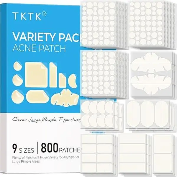 TKTK 800 Count Hydrocolloid Pimple Patches, 9 Sizes 7 Shapes Acne Patch Variety Pack, Large & Small Zit Stickers for Face & Body, Overnight Blemish Covers for Breakouts#sohochic