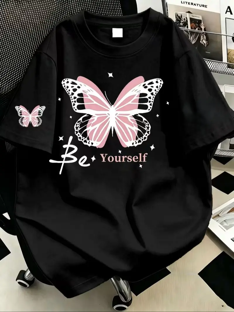Be Yourself Pink Butterfly Graphic Cotton T-Shirt, Star Butterfly Sleeve Print Inspirational Casual Short Sleeve Tee