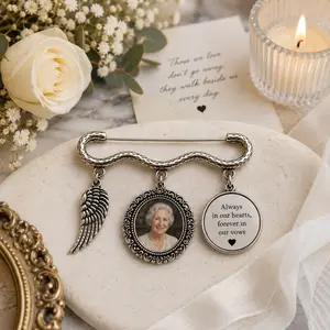 (Custom in Description) Personalized Wedding Memorial Pin, Custom Photo Bridal Bouquet Charm, In Loving Memory Wedding Brooch, Forever In Our Hearts Keepsake Gift