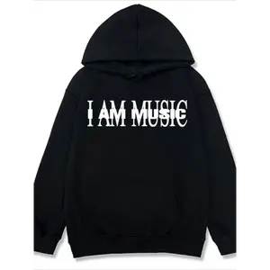 Men’s "I Am Music" Graphic Hoodie – Vintage Style Black Pullover, Casual Streetwear Sweatshirt, Comfortable Fit Fall Winter Hoodie