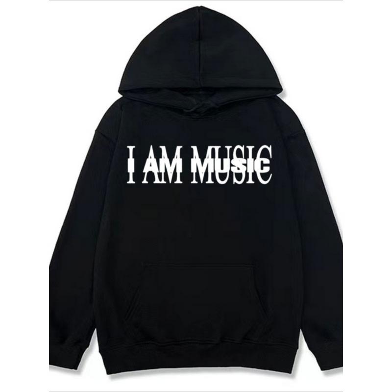 Men's "I Am Music" Graphic Hoodie - Black Casual Vintage Style, Long Sleeve Pullover for Fall/Winter, Perfect for Halloween & Christmas, Cozy Pullover | Vintage Style Hoodie | Comfortable Fit Hoodie