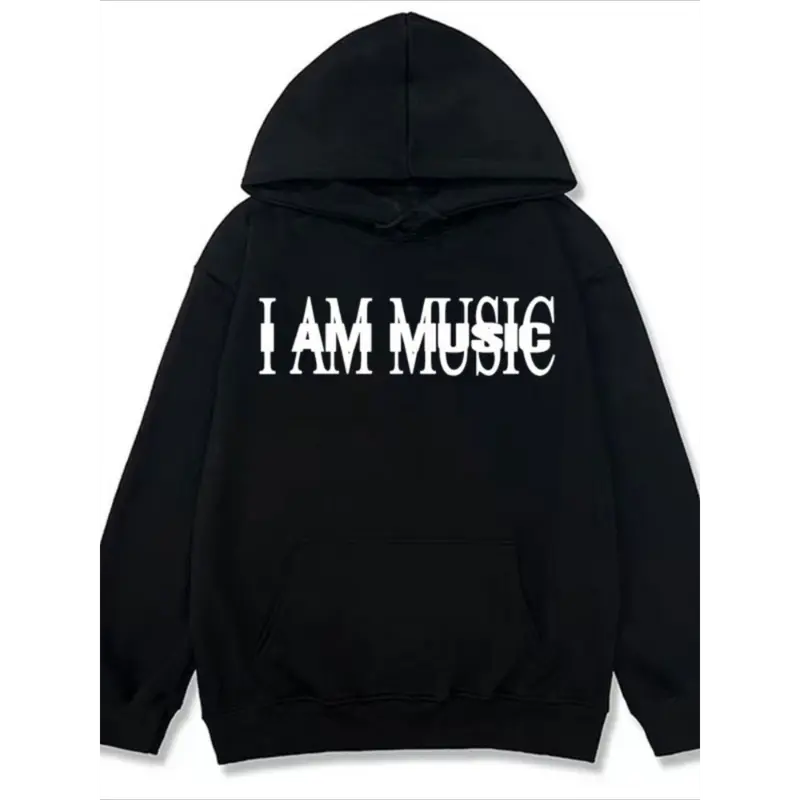 Men's "I Am Music" Graphic Hoodie - Black Casual Vintage Style, Long Sleeve Pullover for Fall/Winter, Perfect for Halloween & Christmas, Cozy Pullover | Vintage Style Hoodie | Comfortable Fit Hoodie