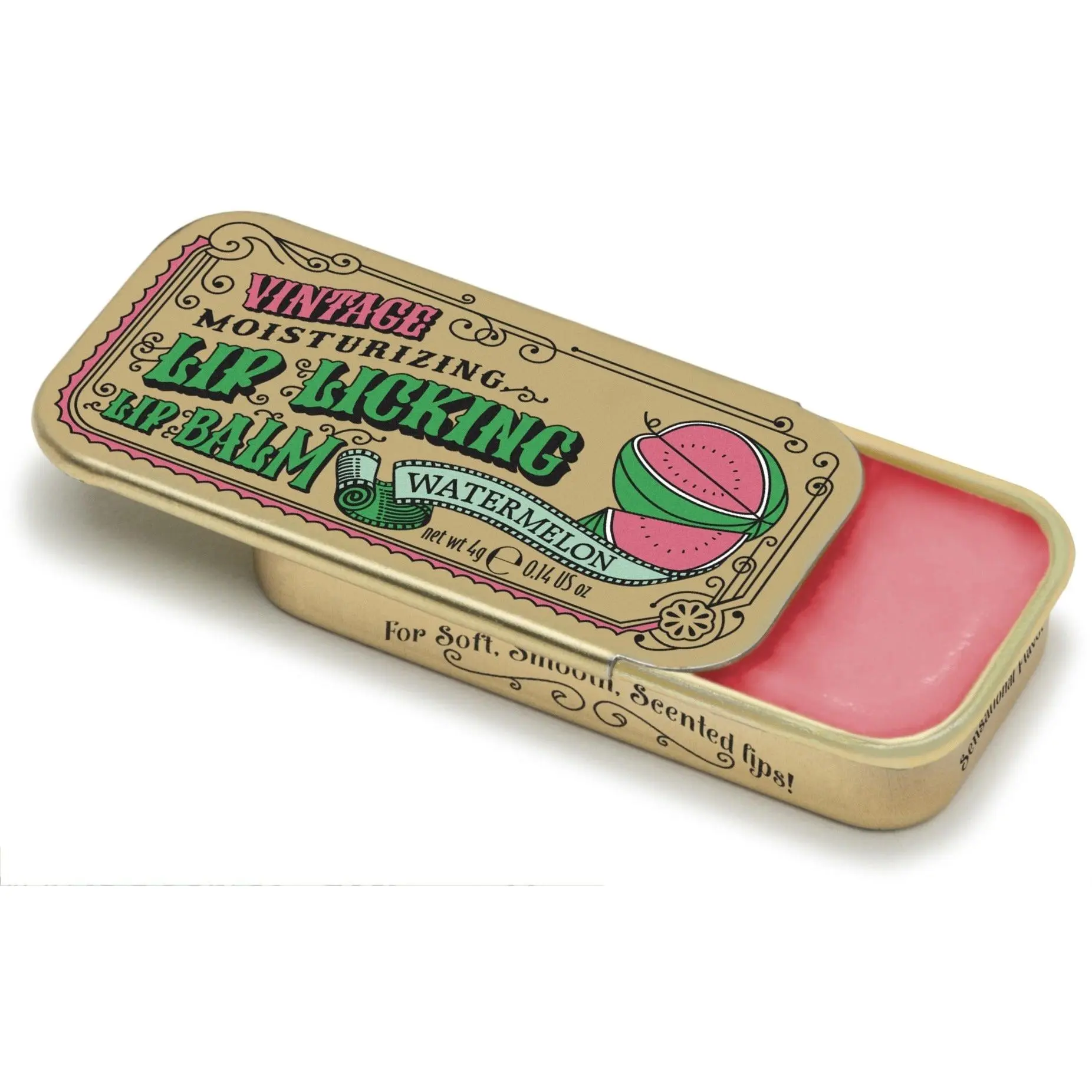 Tinte Cosmetics Watermelon Tinted Lip Balm with Shea Butter, Moisturizing & Scented Formula for Silky, Shine Enhancing Lips, Gluten Free, Vintage Slider Tin, 0.23 oz