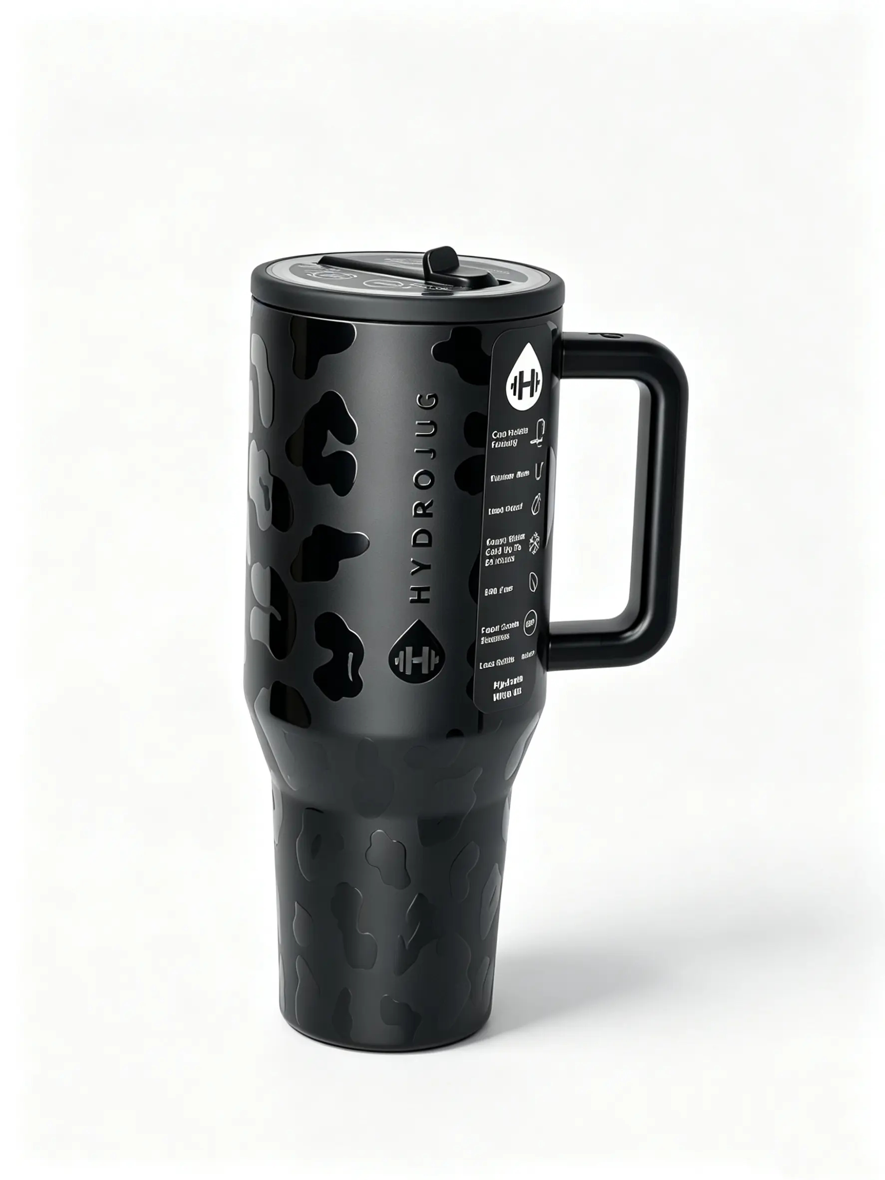 HydroJug  40oz Black Leopard Print Insulated Stainless Steel Water Bottle, Portable Thermal Tumbler With Straw, Leak-Proof Design With Non-Slip Rubber Base, Car Cup Holder Compatible, Perfect For Dates, School, Sports, Travel And Outdoor Activities