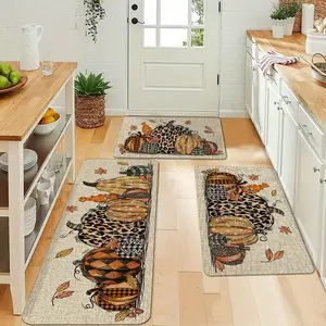Thanksgiving Kitchen Decor Rug Set, Pumpkin Maple Leaf Leopard Print Door Mat, Country Style Non-Slip Washable Bathroom Runner, Decorative Area Rug