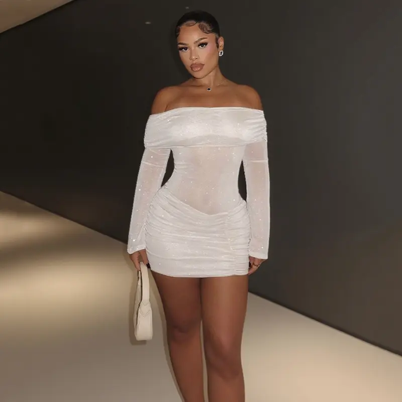 Echoine Women Sexy Mesh Sheer Off Shoulder Bodycon Mini Dress Ruched Sparkly Flared Long Sleeve Y2K Dress Club Night Out Dresses