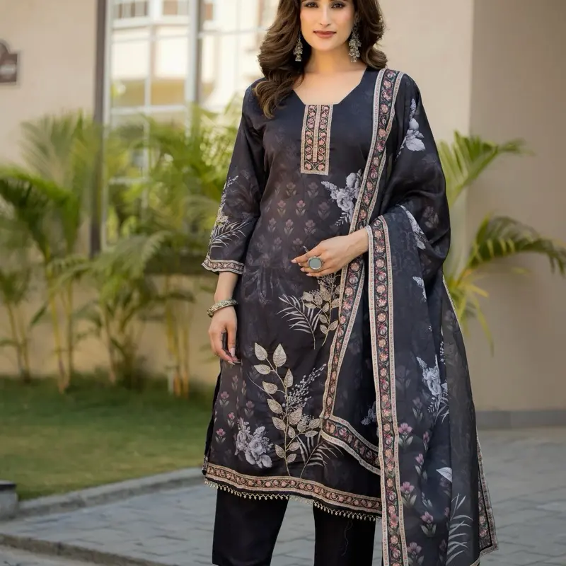 Black Chinon Digital Printed Pakistani Suit with Embroidered Neckline & Dupatta Fashionable Ensemble