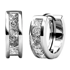 Cate & Chloe Giselle 18k White Gold Plated Huggie Hoop Earrings for Women with Simulated Diamond Crystals – Hypoallergenic, Secure Latch Back, Gift Box Included – Single Pair or 3-Pair Sets Offered in White Gold, Yellow Gold, or Rose Gold