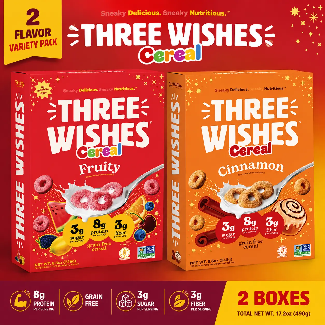 Three Wishes Cereal - Fruity & Cinnamon Flavors - 2 Flavor Variety Pack