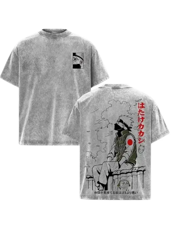 Hatake Kakashi Vintage Washed Oversized T-Shirt – Naruto Anime Graphic Tee, Copy Ninja Kakashi Manga Art Shirt, Soft Cotton Casual Streetwear Apparel, Unisex Top, Gift for Naruto Fans Menswear Crewneck