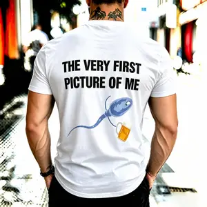 Men's 100% Cotton Crew Neck T-Shirt, Funny Adult Humor Beer Joke Graphic Back Print Tee, The Very First Picture Of Me Cartoon Sperm Beer Mug Novelty Slogan Casual Street Top, Hilarious Gag Gift For Beer Lovers & Guys Night Out