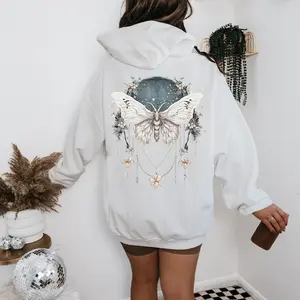 Vintage Boho Dreamy Luna Moth Hoodie Celestial Charms Lunar White Moth Sweater Moon Stars Botanical Floral Star Top Hooded Sweatshirt Goth