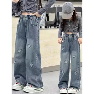 Fashion Girl Heart Embroidered Jeans Cotton Blend Casual Straight Pants Non-Stretchable All-Season Woven Fabric Regular Fit with Pockets