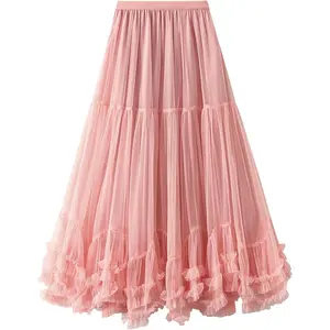 Women's Maxi Tulle Skirt Long Tiered A Line Mesh Tutu Fairy High Elastic Waist Pleated Layered Skirts