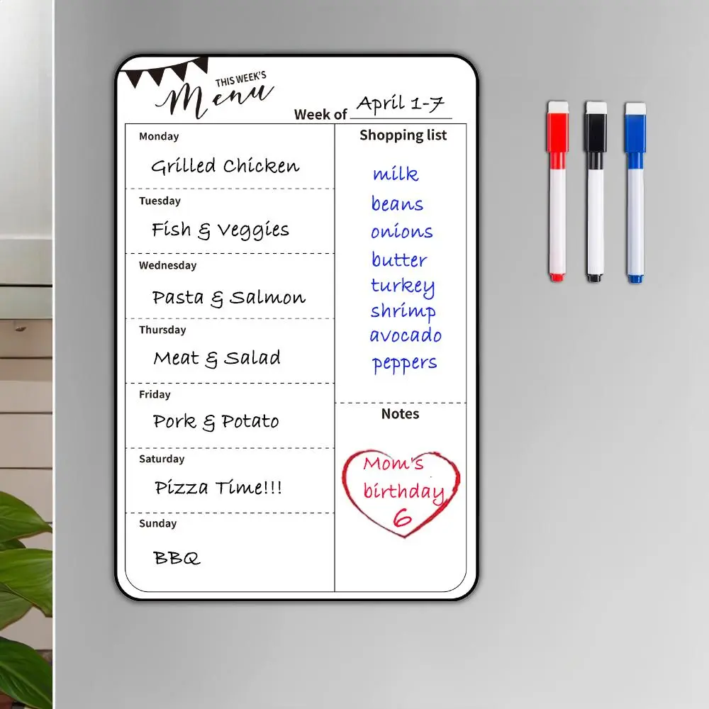 Magnetic Fridge Whiteboard, 1 Count Weekly Menu Board with 3 Counts Marker Pen, Fridge Magnet for Home Kitchen, Home Decor