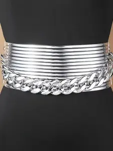 Grunge Silver Color Multi-Ring Chain Waist Belt, Statement Wide Corset for Women, Casual PU Material, All Seasons Fashion Accessory, Statement Belts
