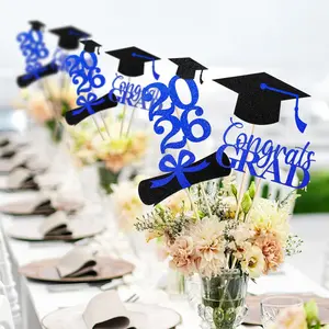 4 Set Graduation Decorations 2026, 16Pcs Graduation Centerpieces for Table, Blue and Black Red Double-Sided Glittering Centerpiece Table Decorations, Class of 2026 Grad Party Decors
