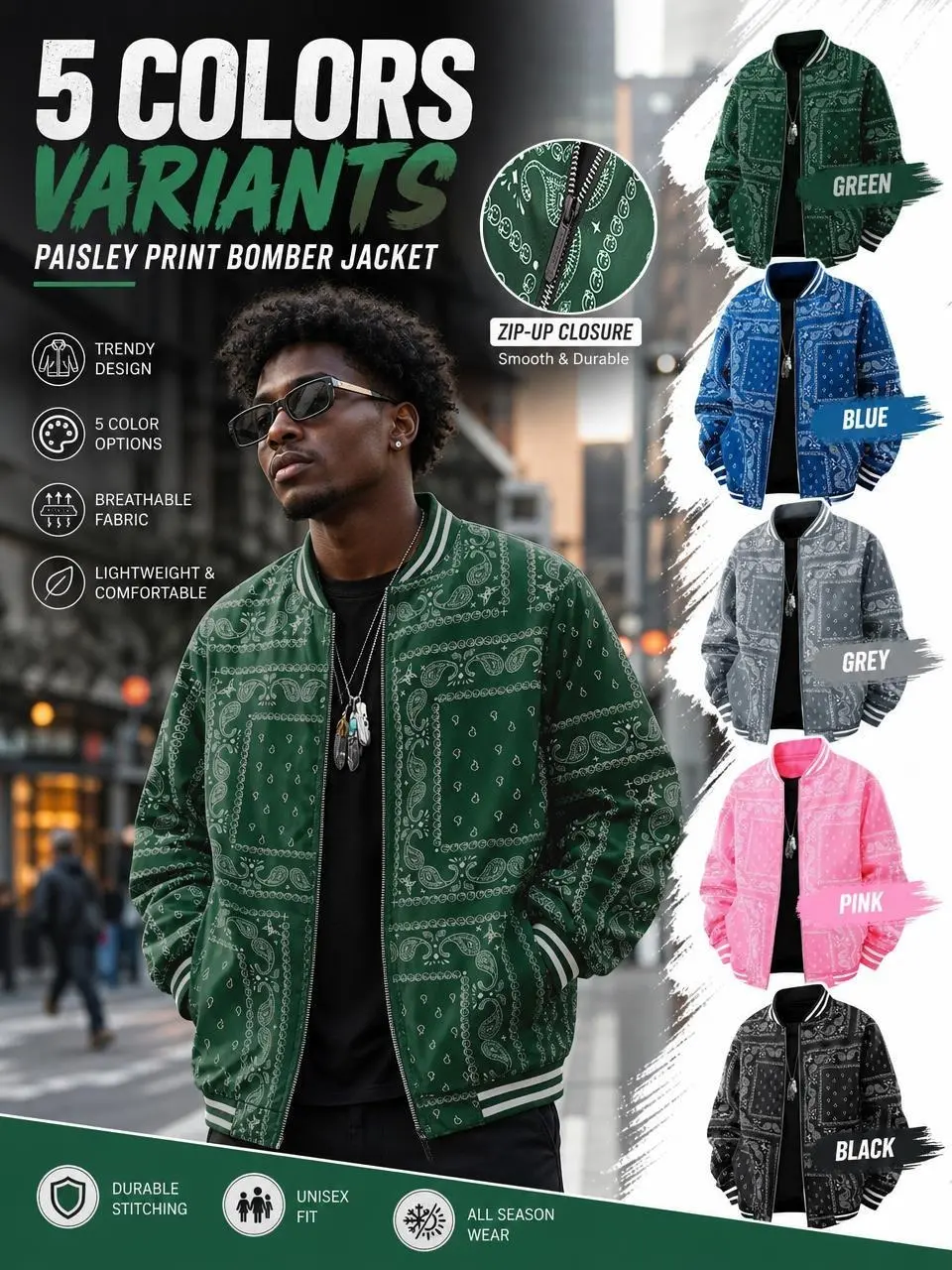 Men's Paisley Print Bomber Jacket, Full‑Print Bandana Pattern Zip Up Baseball Collar Coat with Striped Rib Cuffs Hem for Street Casual Wear