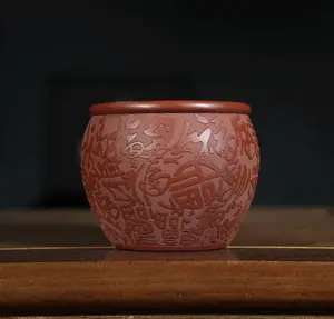 Yixing Raw Ore Dahongpao Cinnabar Clay Handmade Zisha Master Cup with Hundred Blessings Engraving, 150CC Capacity