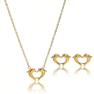 Lxalry 18K Gold Plated Heart Dolphins Mirror Jewelry Set, Hypoallergenic Skin-Safe Necklace & Stud Earrings for Couple's Gift/Daily Wear, Never-Fade Adjustable Luxury with Precision-Cast Symmetry