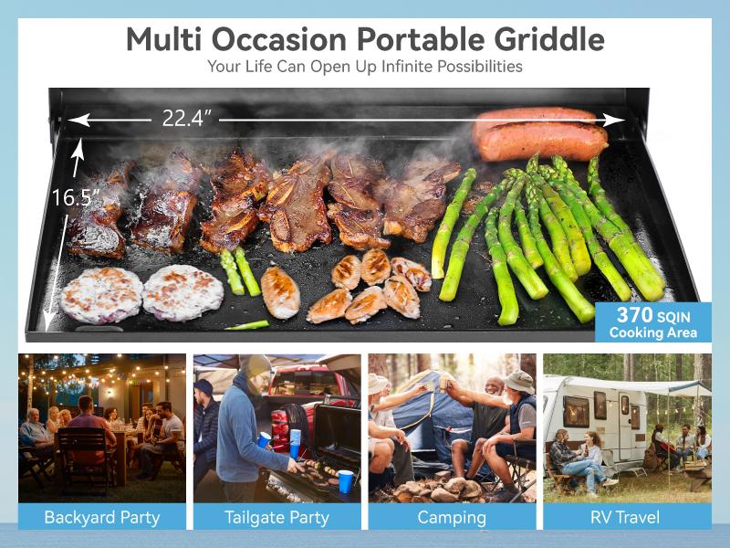 PHI VILLA 22" Flat Top Grill with Lid, Ceramic Coated Cast Iron Griddle, 3-Burner Portable Tabletop Gas Griddle, 24,000 BTU Barbecue Bbq Stainless Steel