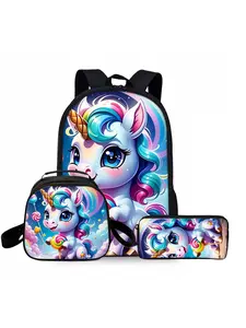 Lollipop unicorn print backpack three-piece set, including lunch bag, pencil case, and backpack
