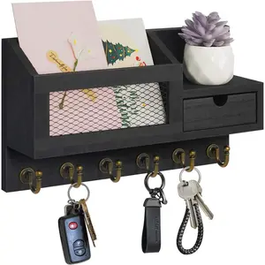 Key and Mail Holder for Wall, Mail Organizer Wall Mount with 6 Hooks and Storage Drawer, Easy Installation Key Rack for Entryway and Home Decor (B-Black)